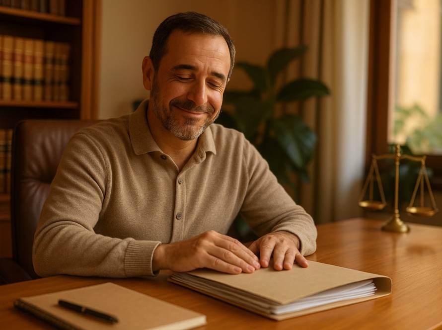 Empresario cerrando la documentación de un concurso de acreedores exprés en un despacho