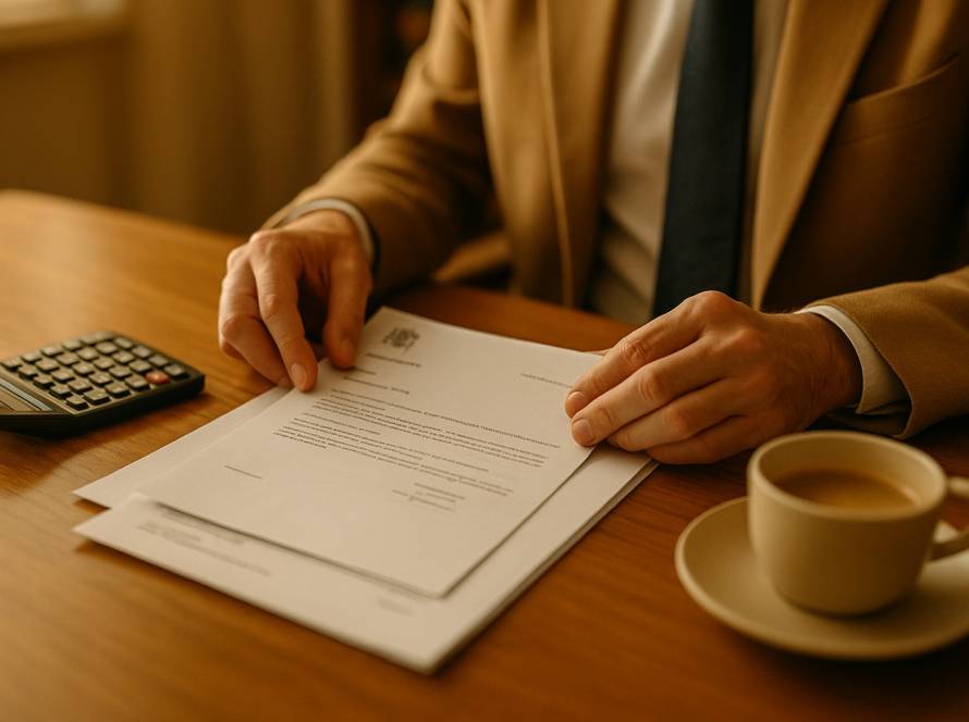 Persona revisando cartas de Hacienda y una calculadora sobre una mesa de despacho